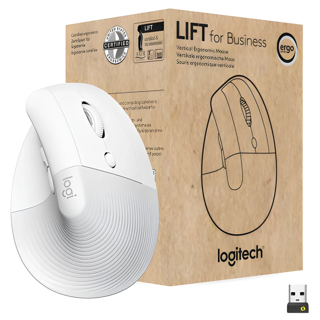 Logitech Lift for Business blanc, vue latérale gauche: molette SmartWheel, bouton central et texture concentrique sur la base - Ítem5