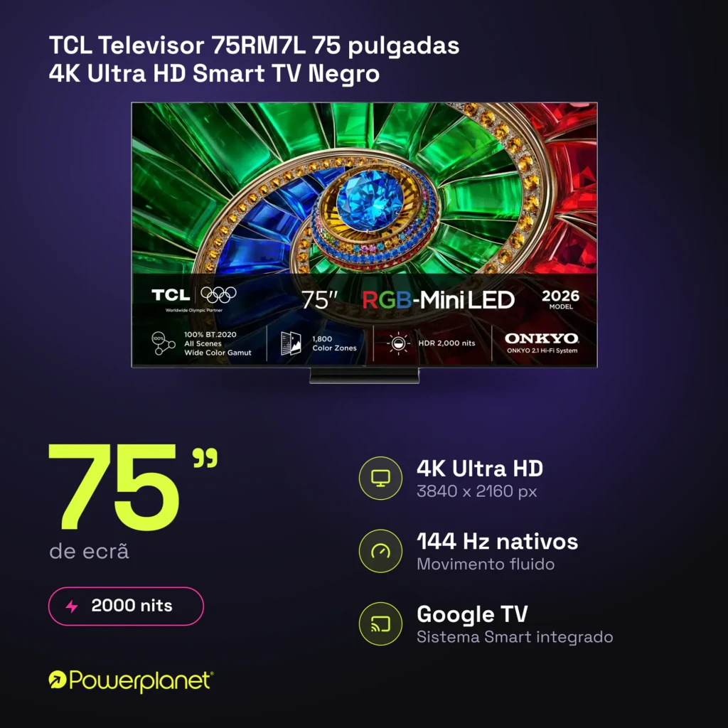 TCL 75RM7L 75 pulgadas 4K negro, vista frontal: pantalla RGB Mini LED con ojo de colores y especificaciones técnicas - Ítem5