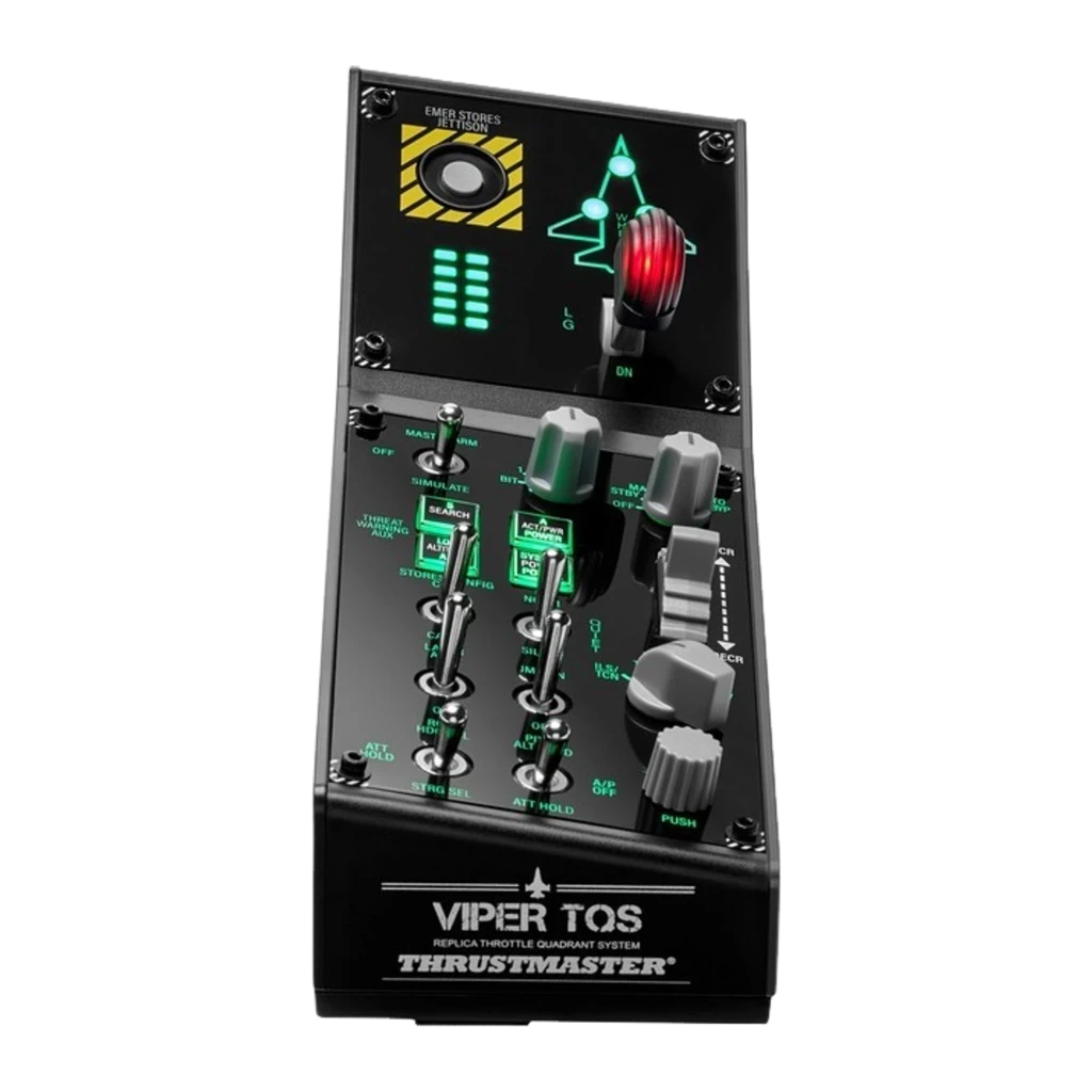 Thrustmaster Viper TQS Panel negro USB PC, vista frontal en ángulo: toggles, mandos verdes iluminados y panel superior con - Ítem1