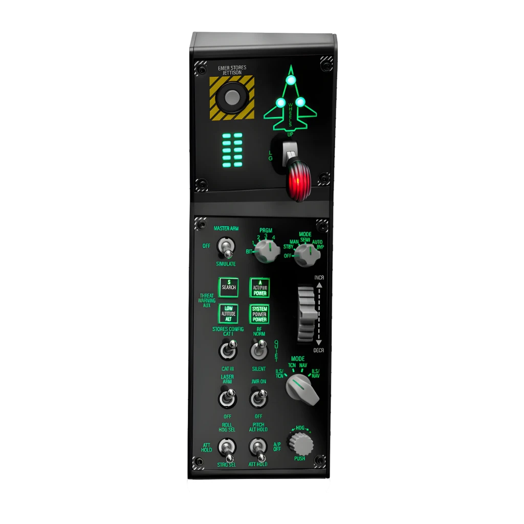 Thrustmaster Viper TQS Panel negro USB PC, vista frontal en ángulo: toggles, mandos verdes iluminados y panel superior con - Ítem3