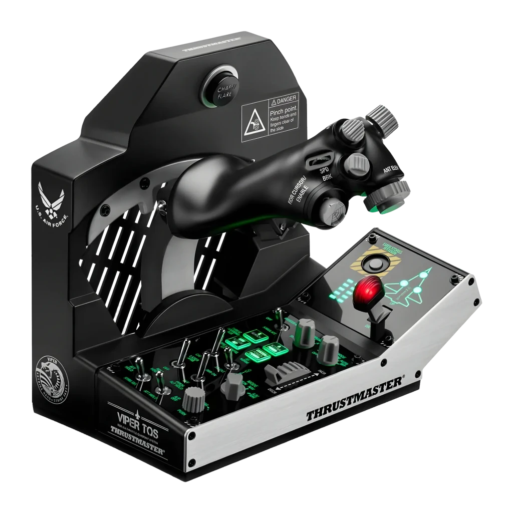 Thrustmaster Viper TQS Panel negro USB PC, vista frontal en ángulo: toggles, mandos verdes iluminados y panel superior con - Ítem4