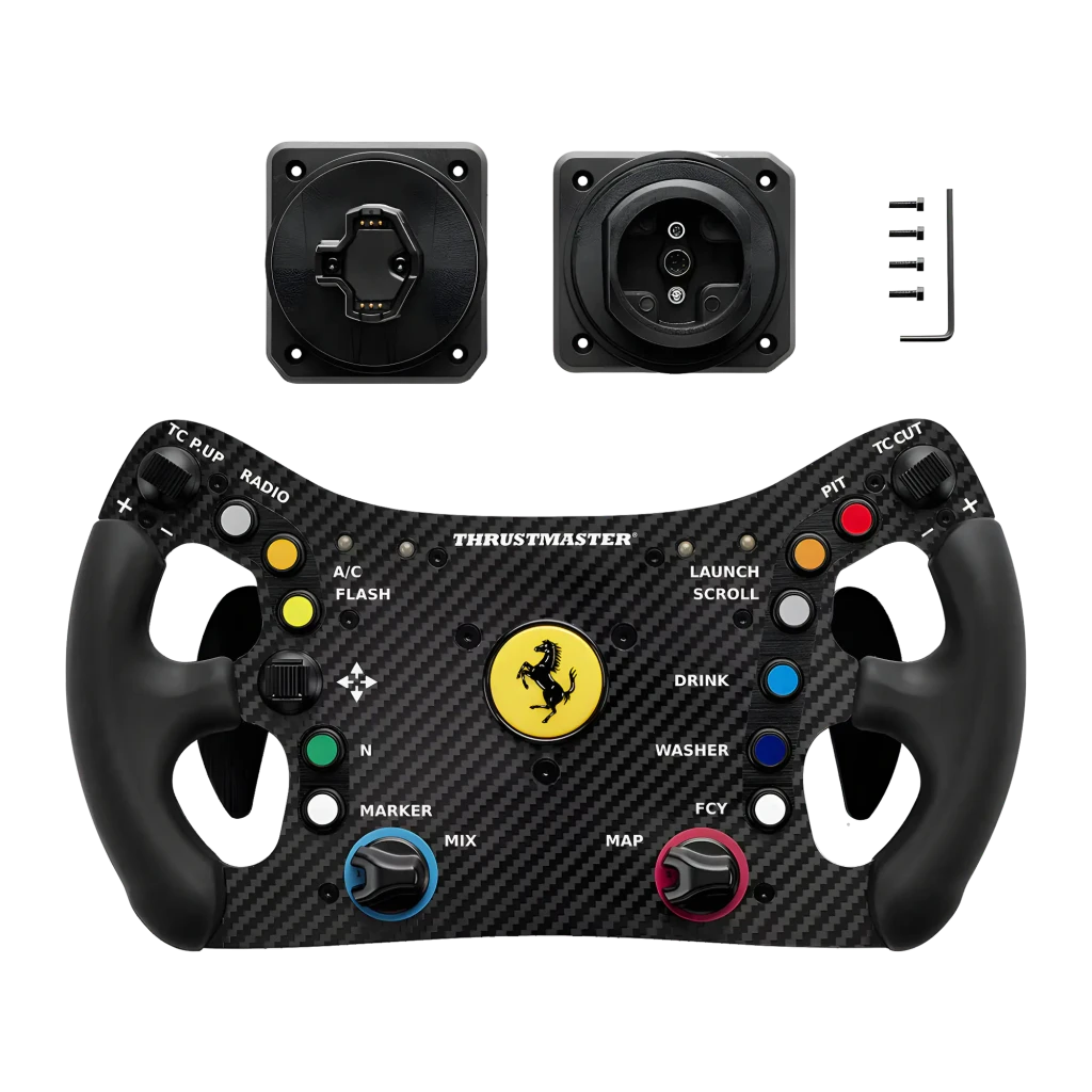 Thrustmaster Ferrari 488 GT3 Wheel Add-On negro, vista frontal en ángulo: panel carbono con botones multicolor y emblema - Ítem8