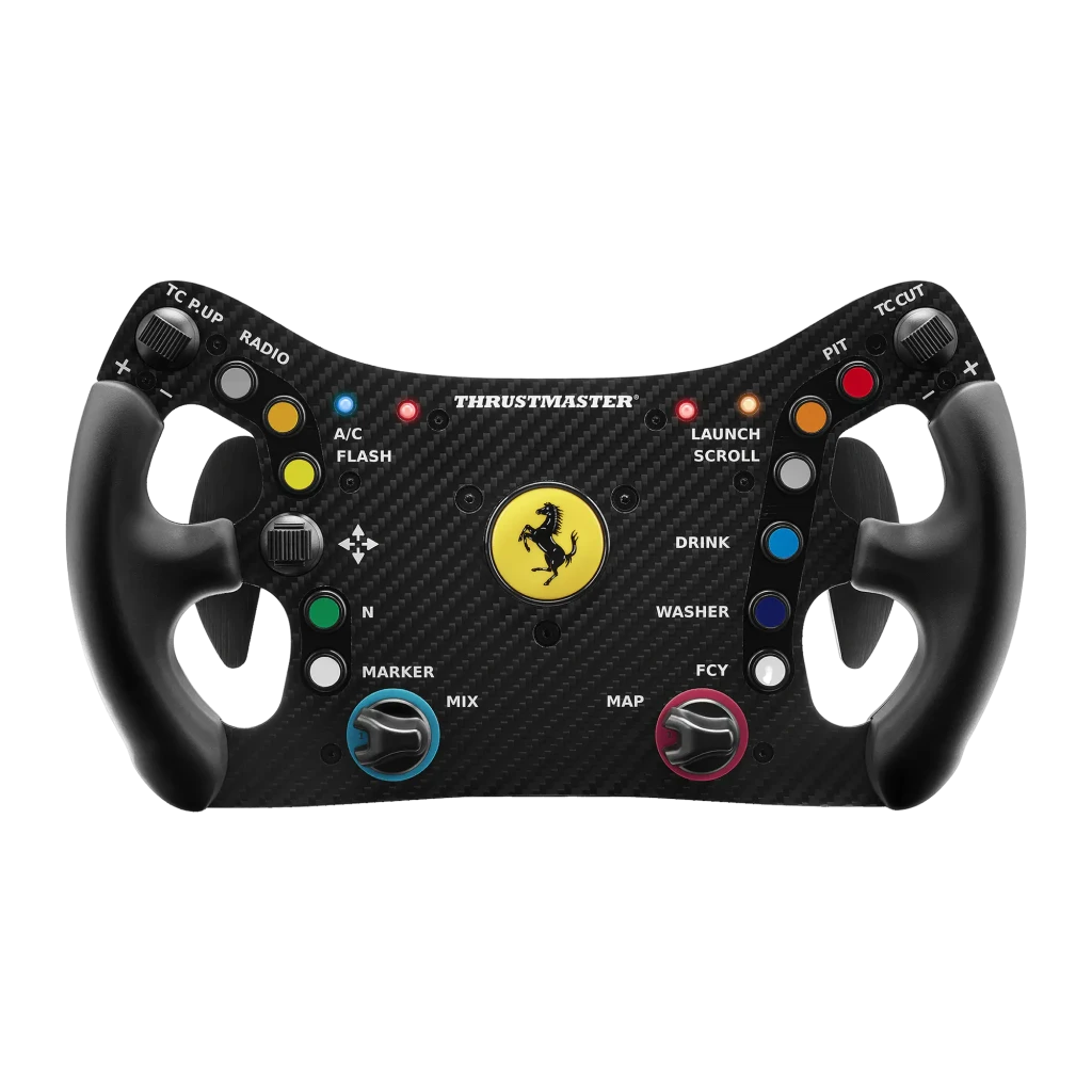 Thrustmaster Ferrari 488 GT3 Wheel Add-On negro, vista frontal en ángulo: panel carbono con botones multicolor y emblema - Ítem1