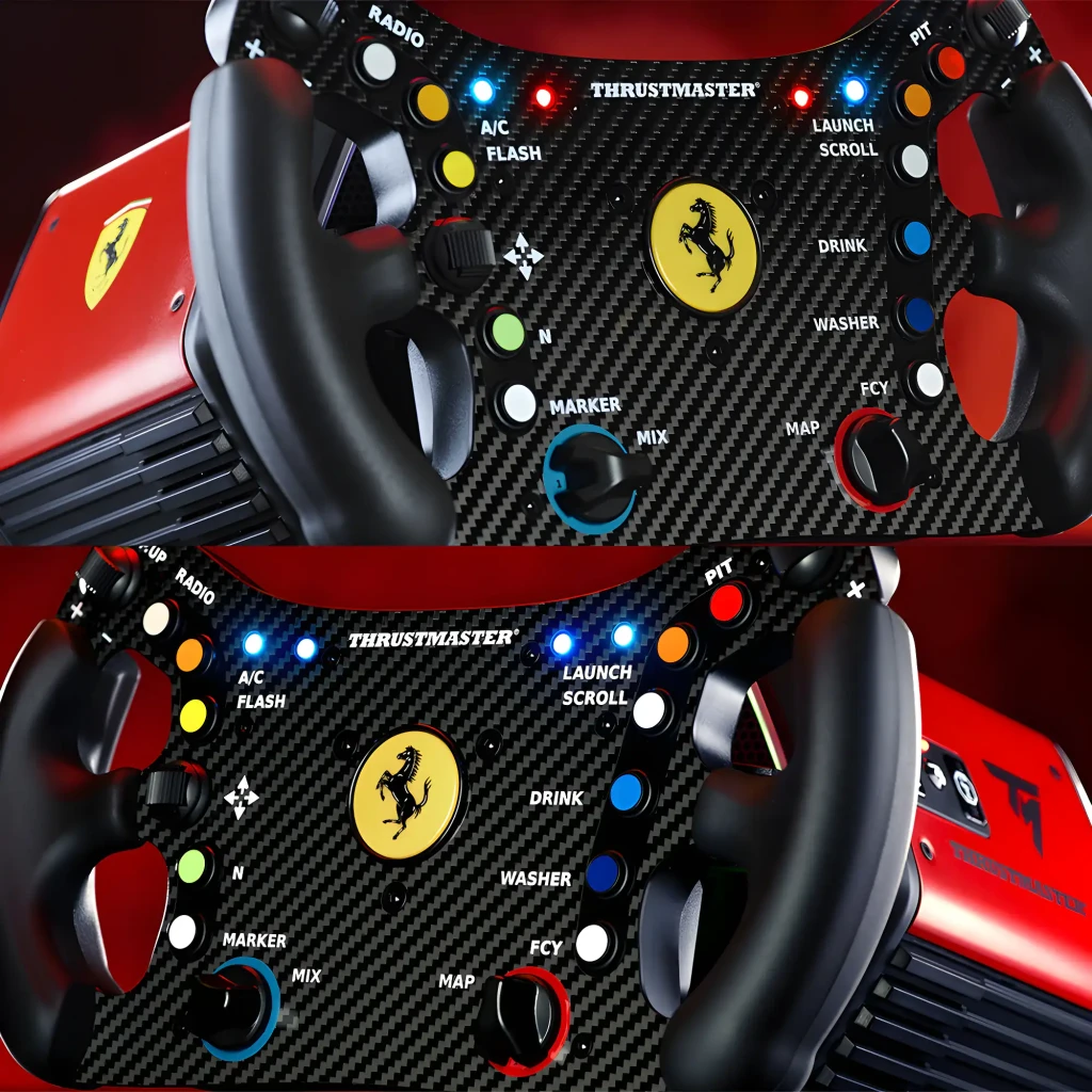 Thrustmaster Ferrari 488 GT3 Wheel Add-On negro, vista frontal en ángulo: panel carbono con botones multicolor y emblema - Ítem5
