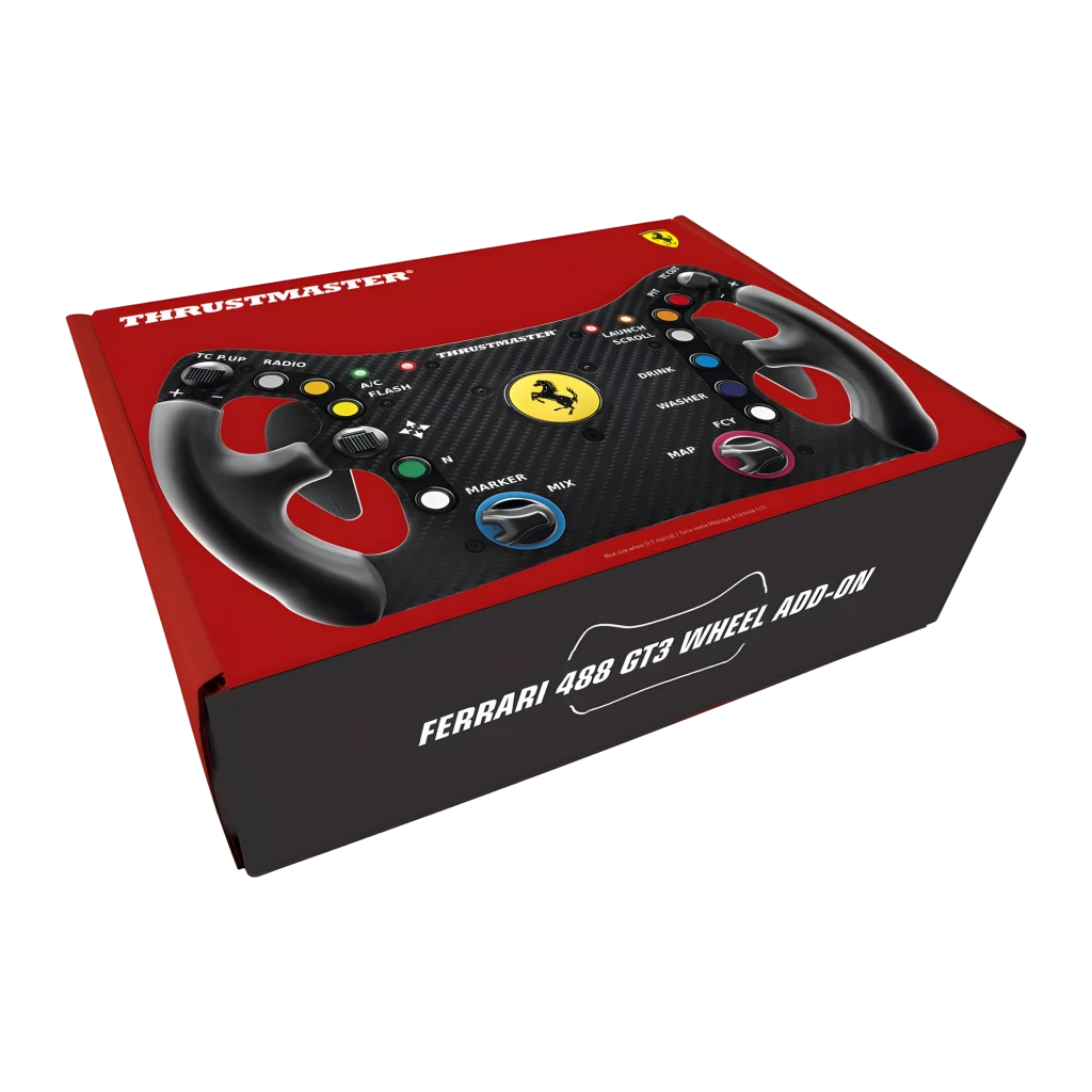 Thrustmaster Ferrari 488 GT3 Wheel Add-On negro, vista frontal en ángulo: panel carbono con botones multicolor y emblema - Ítem6