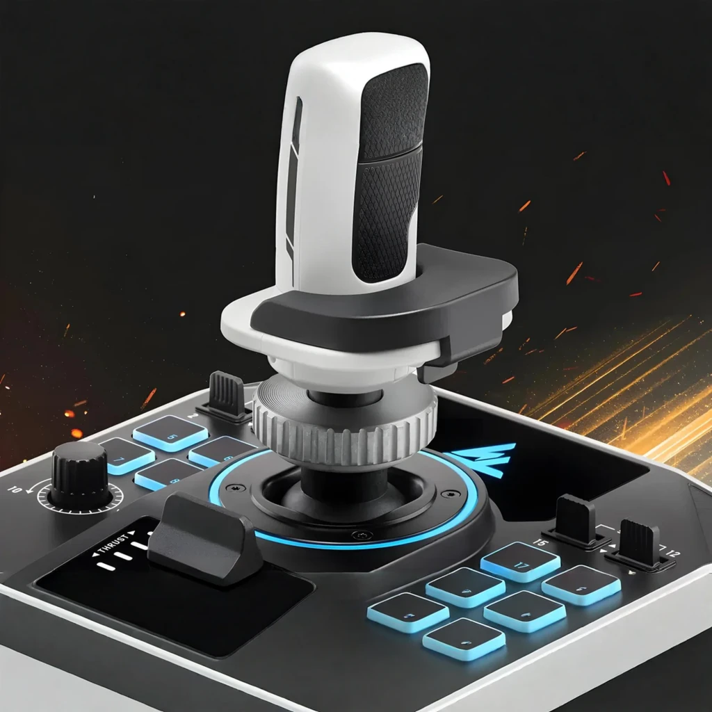 Thrustmaster Sol-R 1 Flightstick negro, vista frontal: joystick completo con base hexagonal, iluminación azul y botones - Ítem3