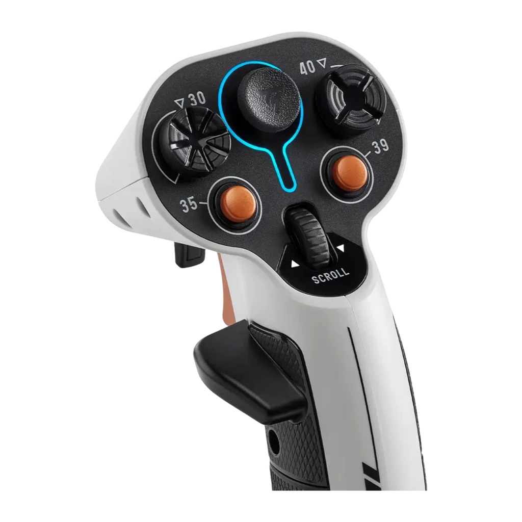 Thrustmaster Sol-R 1 Flightstick negro, vista frontal: joystick completo con base hexagonal, iluminación azul y botones - Ítem1