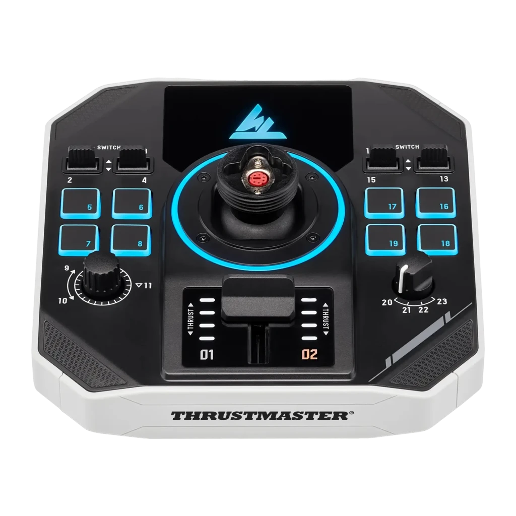 Thrustmaster Sol-R 1 Flightstick negro, vista frontal: joystick completo con base hexagonal, iluminación azul y botones - Ítem2