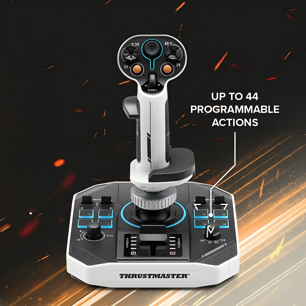 Thrustmaster Sol-R 1 Flightstick negro, vista frontal: joystick completo con base hexagonal, iluminación azul y botones - Ítem6