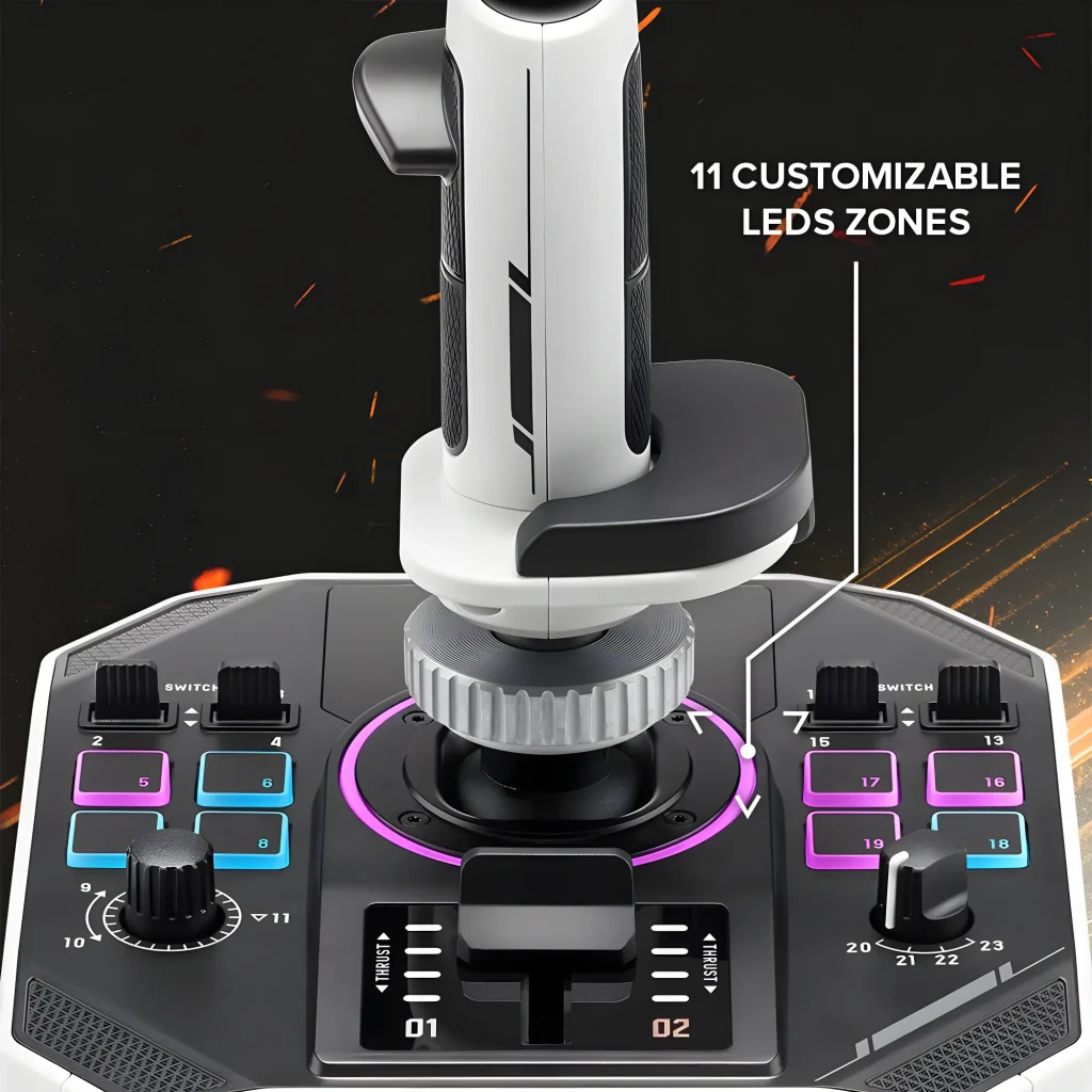 Thrustmaster Sol-R 1 Flightstick negro, vista frontal: joystick completo con base hexagonal, iluminación azul y botones - Ítem7