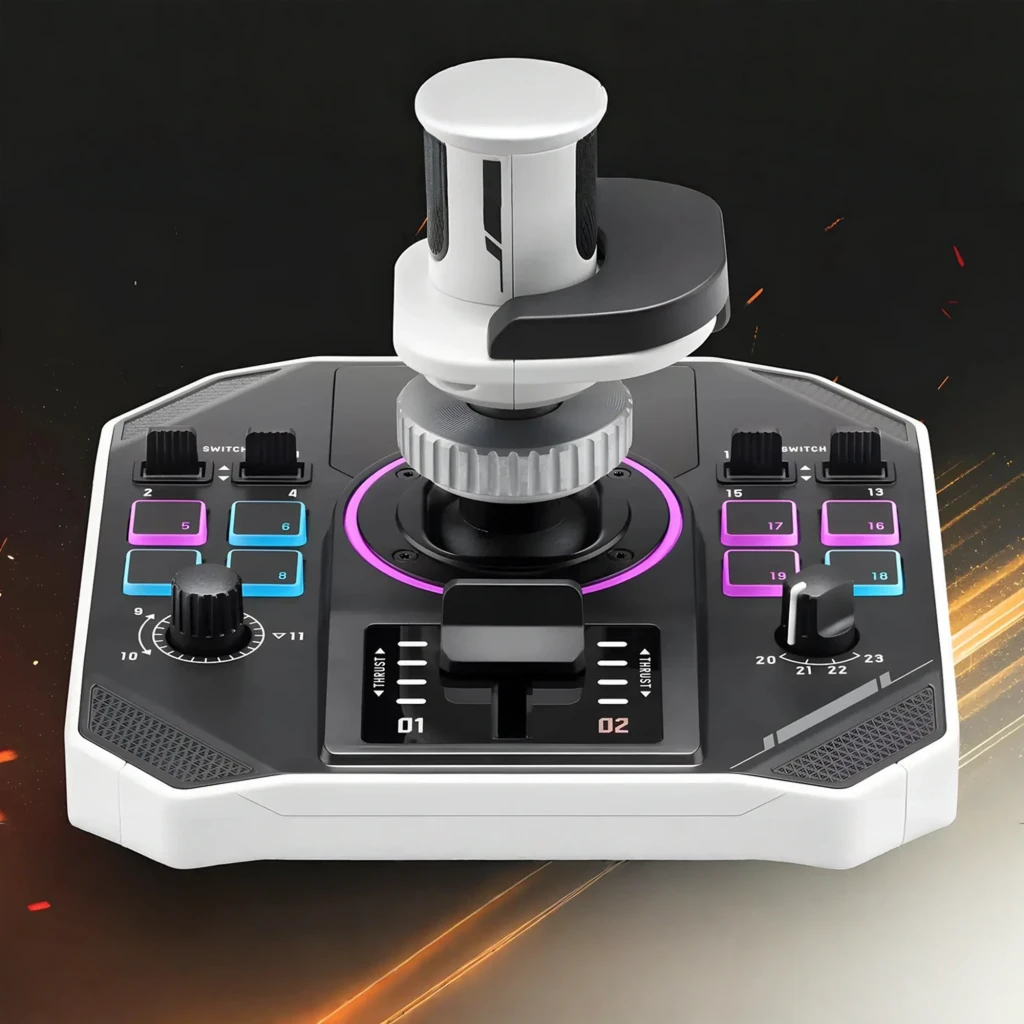 Thrustmaster Sol-R 1 Flightstick negro, vista frontal: joystick completo con base hexagonal, iluminación azul y botones - Ítem5