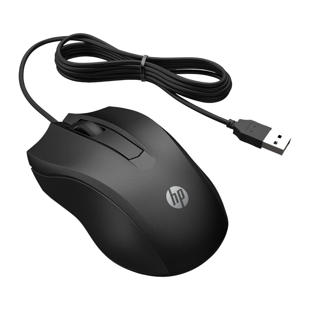 HP Souris filaire 100 noir, vue du dessus: molette, boutons et logo HP visibles - Ítem1