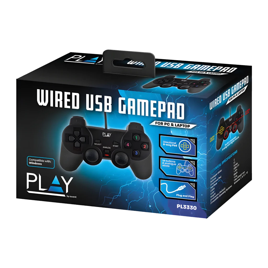 Ewent Manette Play PL3330 Noir USB 2.0, vue de face: croix directionnelle, joysticks analogiques, boutons colorés 1-4 et - Ítem2