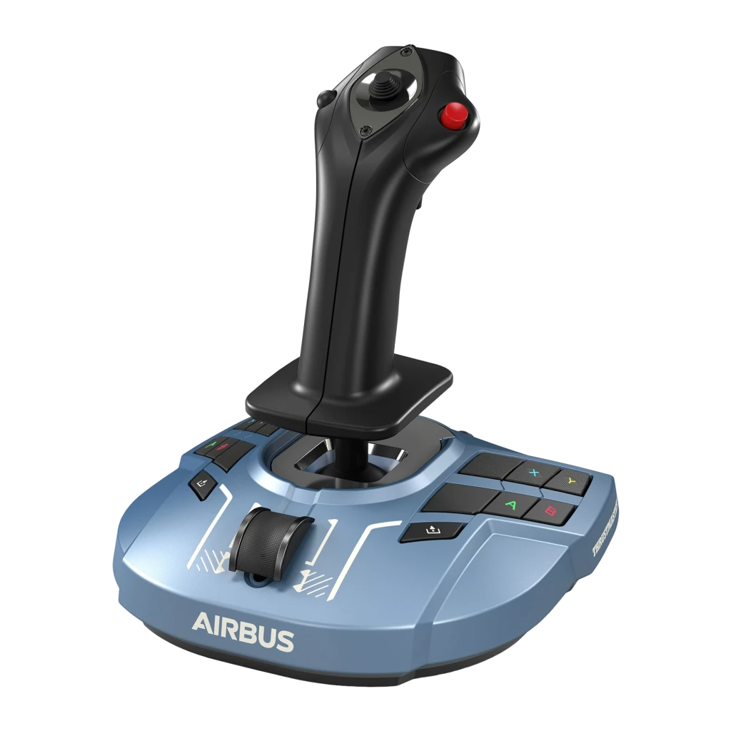 Thrustmaster TCA Sidestick X Airbus Edition noir, vue de face: base bleue avec boutons A B X Y, manche noir et bouton rouge - Ítem1