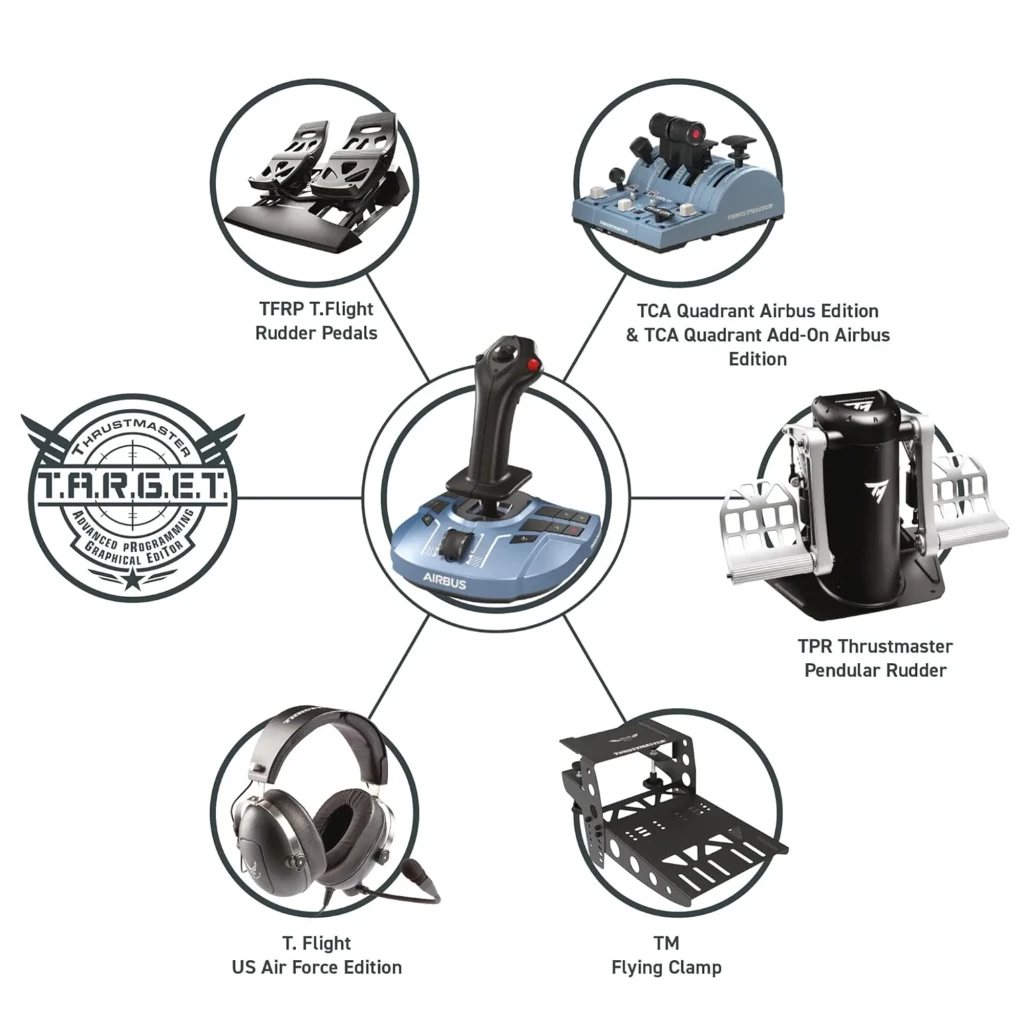 Thrustmaster TCA Sidestick X Airbus Edition noir, vue de face: base bleue avec boutons A B X Y, manche noir et bouton rouge - Ítem3