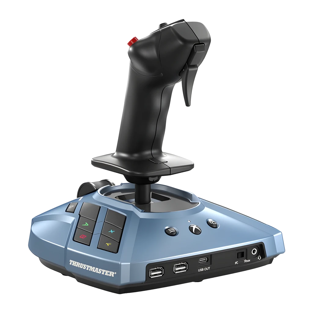 Thrustmaster TCA Sidestick X Airbus Edition noir, vue de face: base bleue avec boutons A B X Y, manche noir et bouton rouge - Ítem2