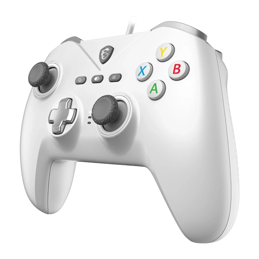 MSI Manette Force GC200 Blanc, vue de face: boutons ABXY colorés, d-pad, deux sticks et logo MSI central - Ítem3