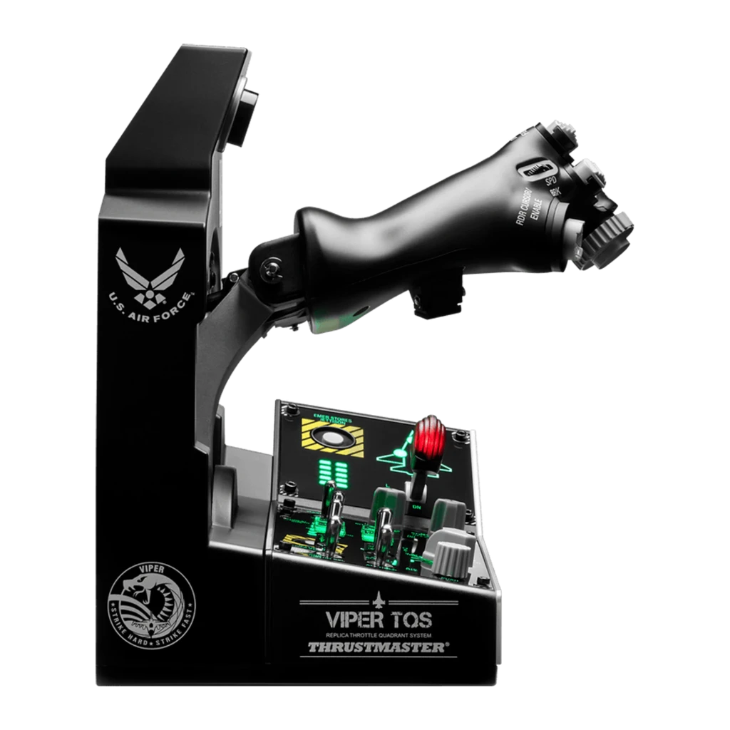 Thrustmaster Viper TQS Mission Pack negro, vista frontal 3/4: maneta de gases, panel de interruptores verdes y panel lateral - Ítem1