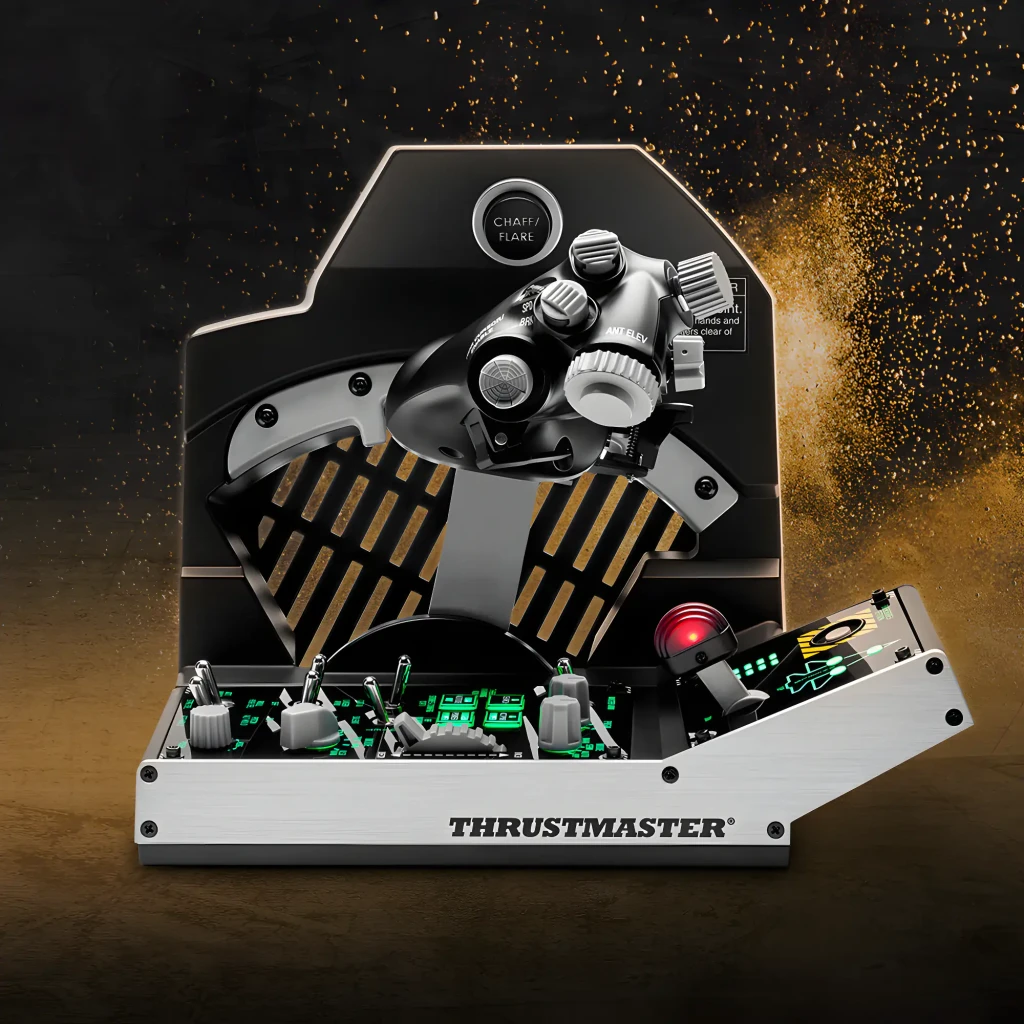 Thrustmaster Viper TQS Mission Pack negro, vista frontal 3/4: maneta de gases, panel de interruptores verdes y panel lateral - Ítem3