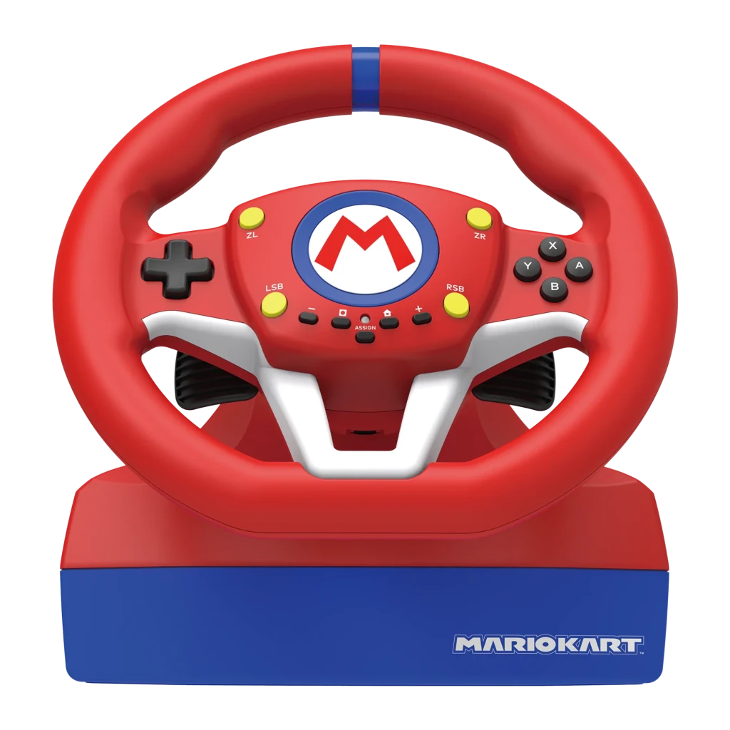 Hori Mario Kart Racing Wheel Pro Switch Rojo, vista frontal: volante rojo con logo M azul, base azul MarioKart y pedales - Ítem1