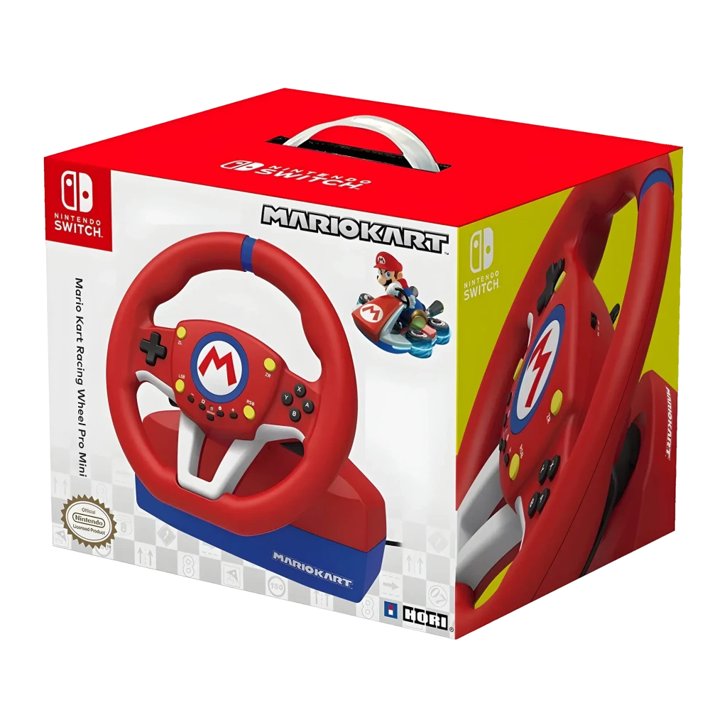Hori Mario Kart Racing Wheel Pro Switch Rojo, vista frontal: volante rojo con logo M azul, base azul MarioKart y pedales - Ítem2