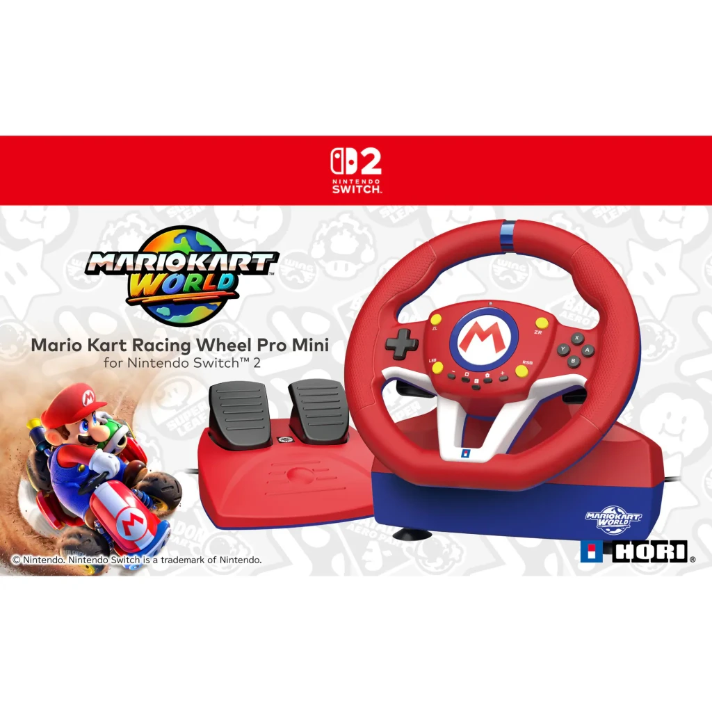 Hori Mario Kart Racing Wheel Pro Switch Rojo, vista frontal: volante rojo con logo M azul, base azul MarioKart y pedales - Ítem3
