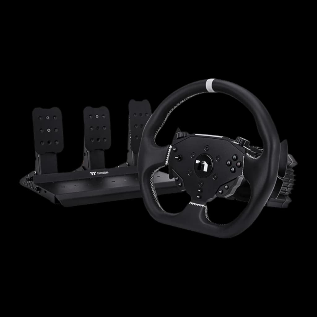 Thermaltake G6 Direct Drive Racing Wheel preto, vista frontal direita: volante com hub de botões e pedais na base esquerda