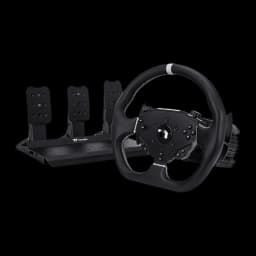 Thermaltake G6 Direct Drive Racing Wheel preto, vista frontal direita: volante com hub de botões e pedais na base esquerda