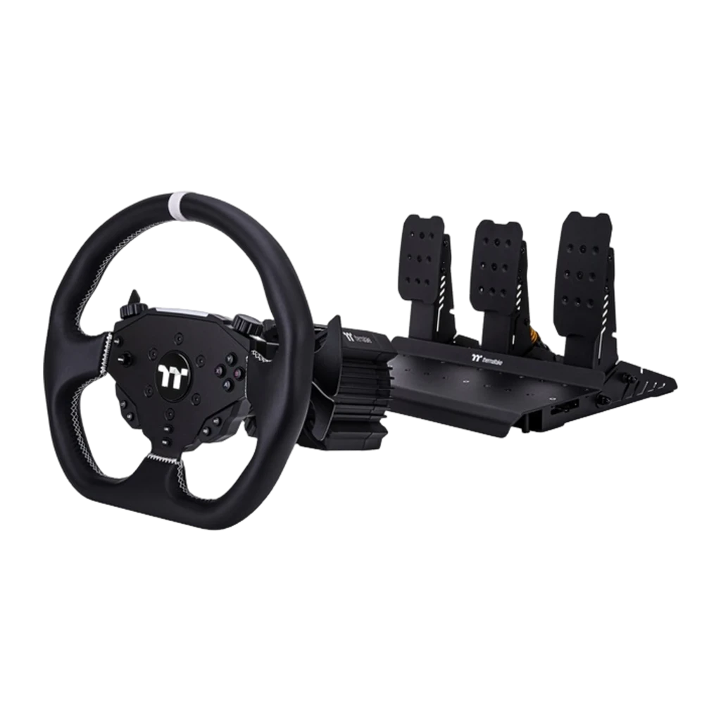 Thermaltake G6 Direct Drive Racing Wheel negro, vista frontal derecha: volante con hub de botones y pedales en base izquierda - Ítem1