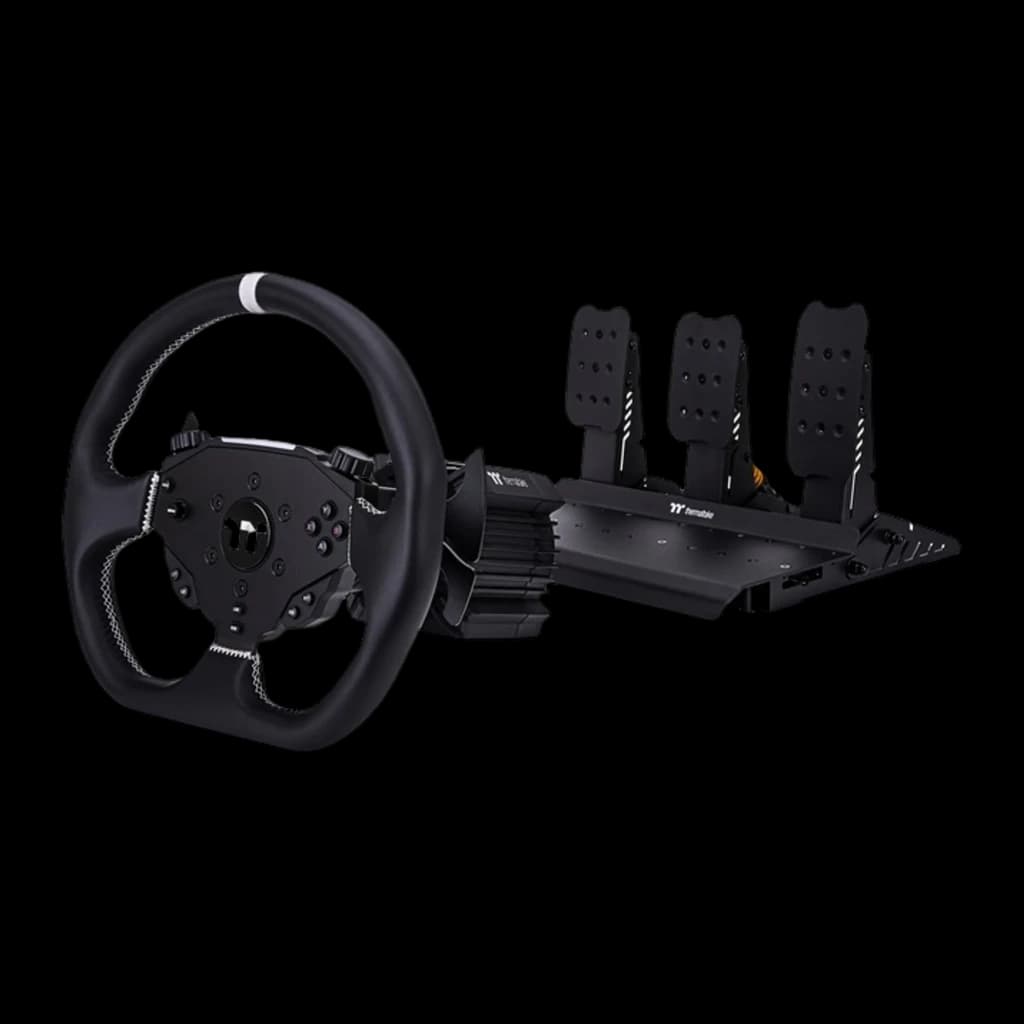 Thermaltake G6 Direct Drive Racing Wheel preto, vista frontal esquerda: volante à esquerda e pedais com base à direita