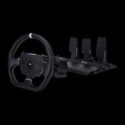 Thermaltake G6 Direct Drive Racing Wheel preto, vista frontal esquerda: volante à esquerda e pedais com base à direita
