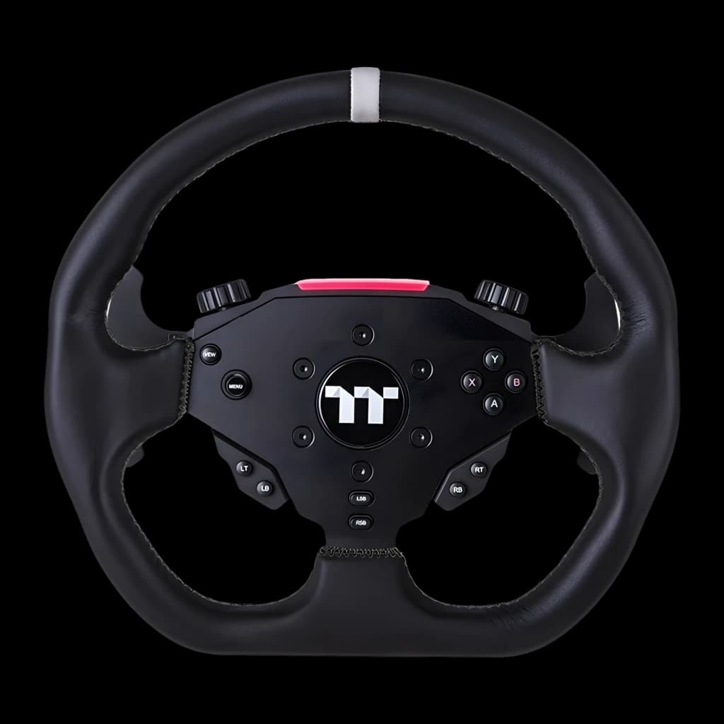 Thermaltake G6 Direct Drive Racing Wheel preto, vista frontal: volante com logo TT, botões, faixa vermelha e marcador branco