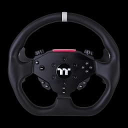 Thermaltake G6 Direct Drive Racing Wheel preto, vista frontal: volante com logo TT, botões, faixa vermelha e marcador branco