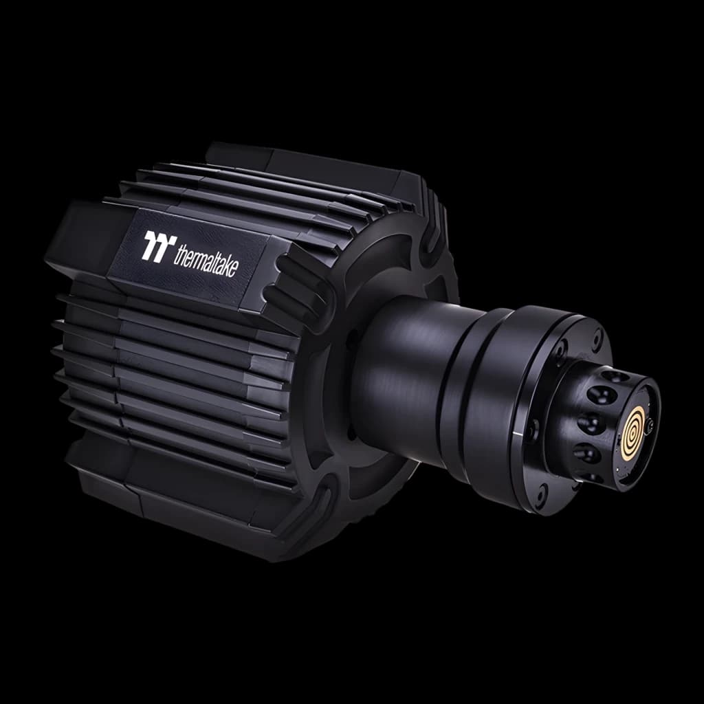 Thermaltake G6 Direct Drive Racing Wheel preto, vista lateral do motor: corpo com aletas de dissipação, logo e conector QR