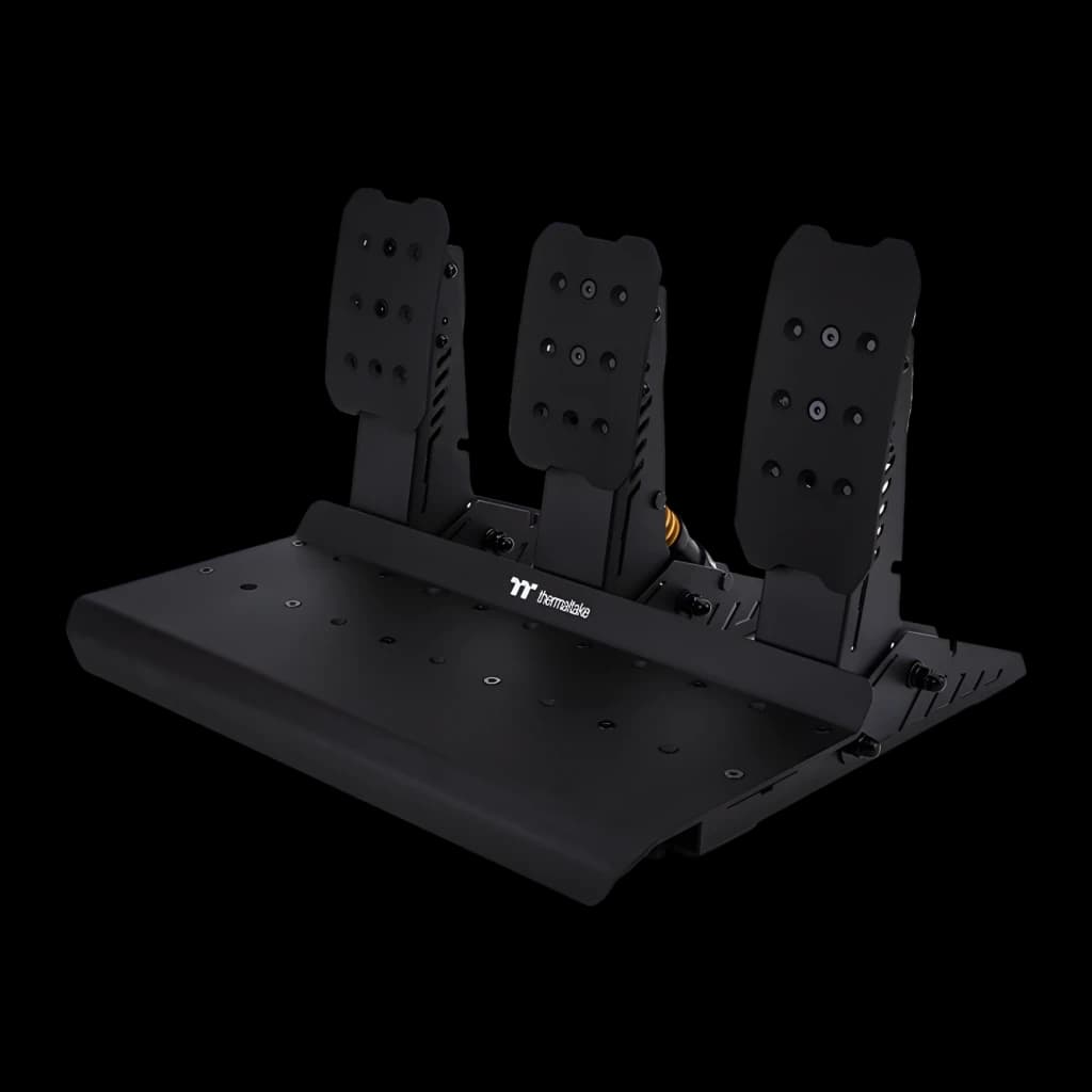Thermaltake G6 Direct Drive Racing Wheel preto, pedais: vista angular dos 3 pedais pretos com mola dourada visível e base