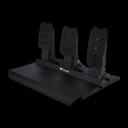 Thermaltake G6 Direct Drive Racing Wheel preto, pedais: vista angular dos 3 pedais pretos com mola dourada visível e base