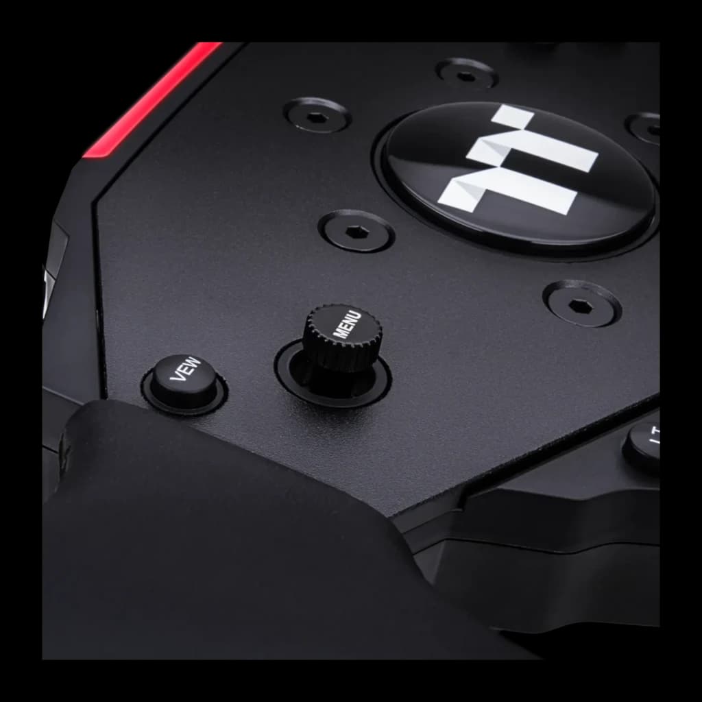 Thermaltake G6 Direct Drive Racing Wheel preto, detalhe: botão VIEW, dial MENU e logo Thermaltake em superfície texturizada