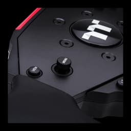 Thermaltake G6 Direct Drive Racing Wheel preto, detalhe: botão VIEW, dial MENU e logo Thermaltake em superfície texturizada