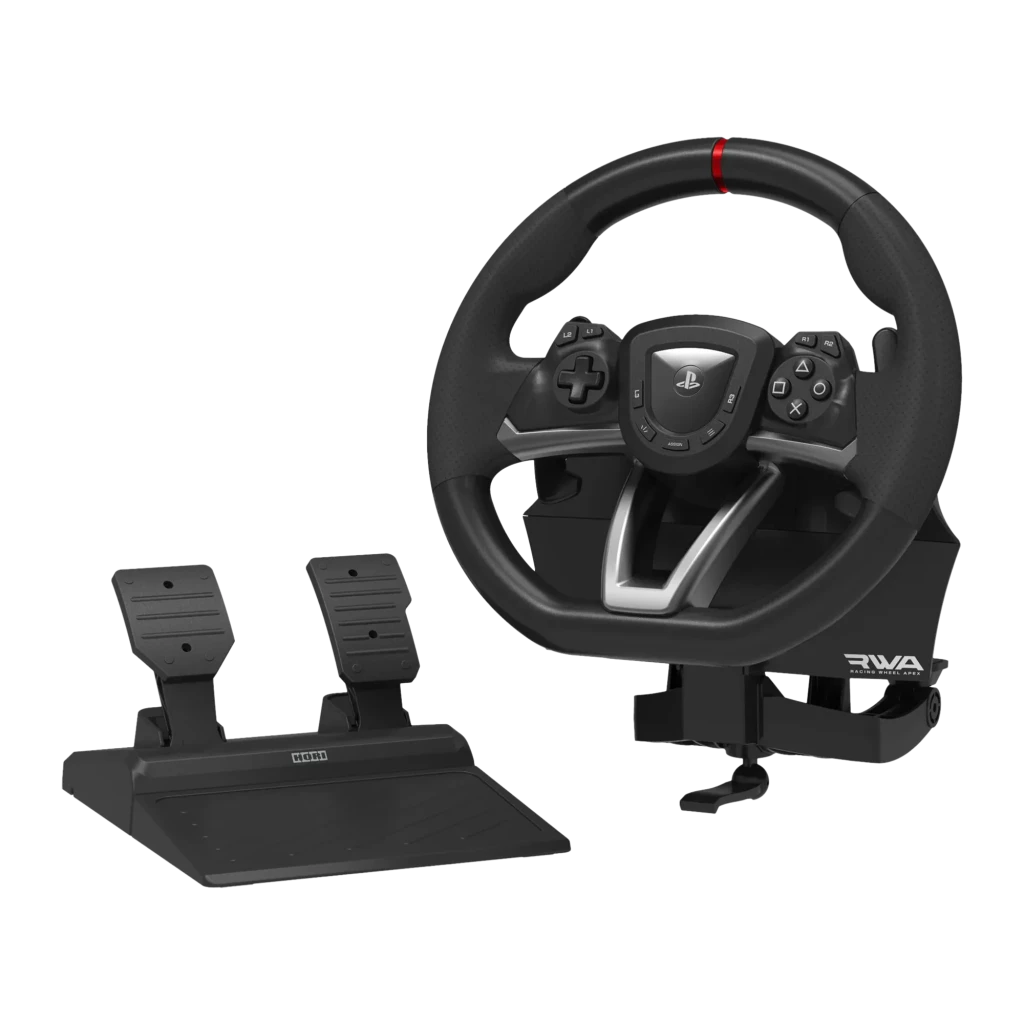 HORI Wireless Racing Wheel Apex PS5 negro, vista frontal: volante con botones PlayStation, marca roja y pedales separados - Ítem2