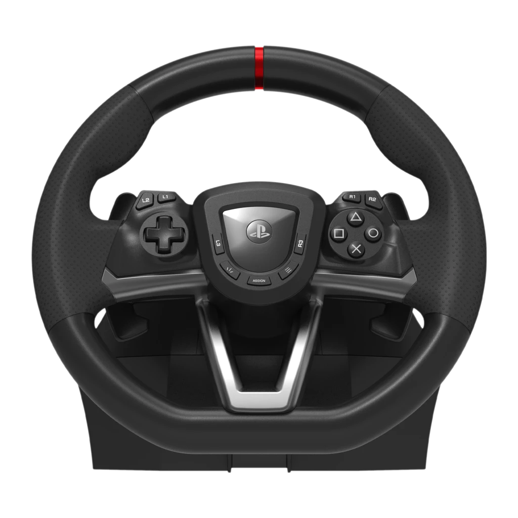 HORI Wireless Racing Wheel Apex PS5 negro, vista frontal: volante con botones PlayStation, marca roja y pedales separados - Ítem1