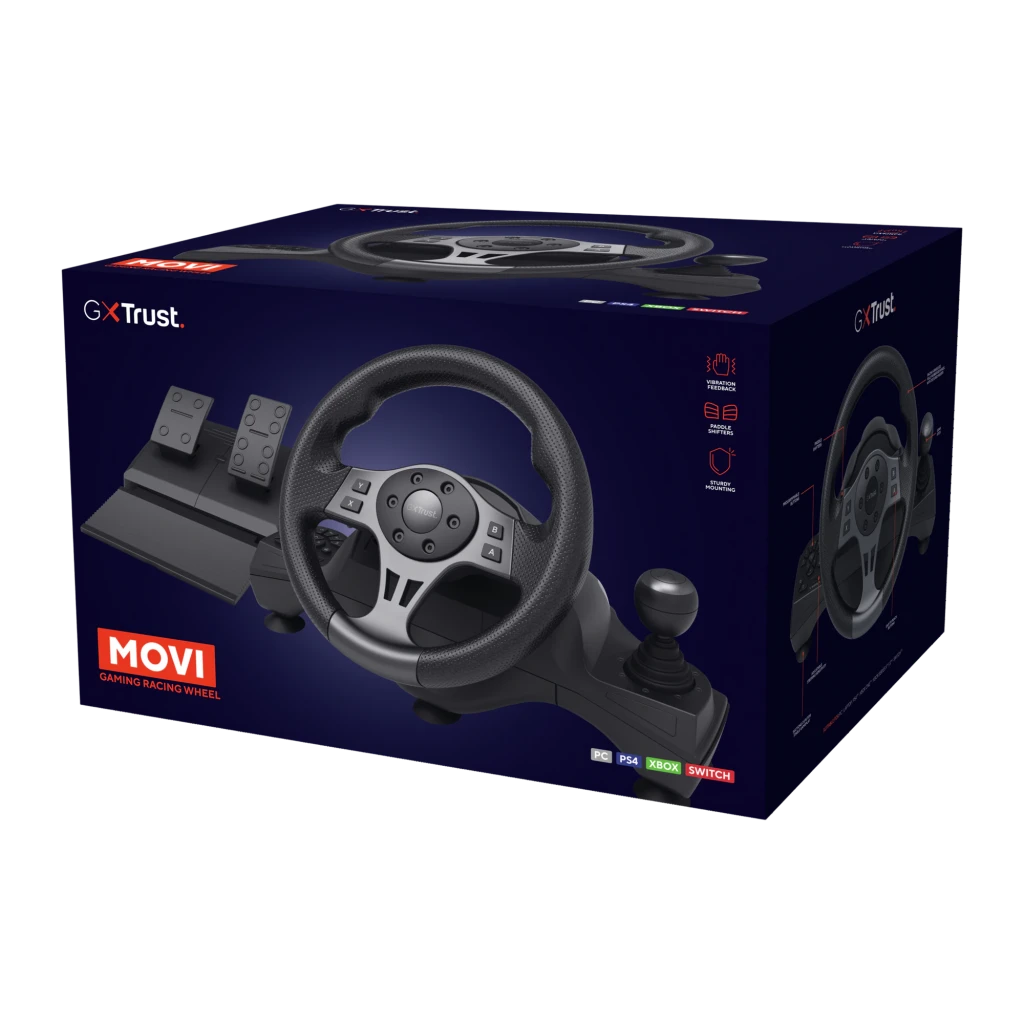 Trust GXT 289 Movi Negro, vista en perspectiva: volante, pedales y palanca de cambios en conjunto - Ítem18