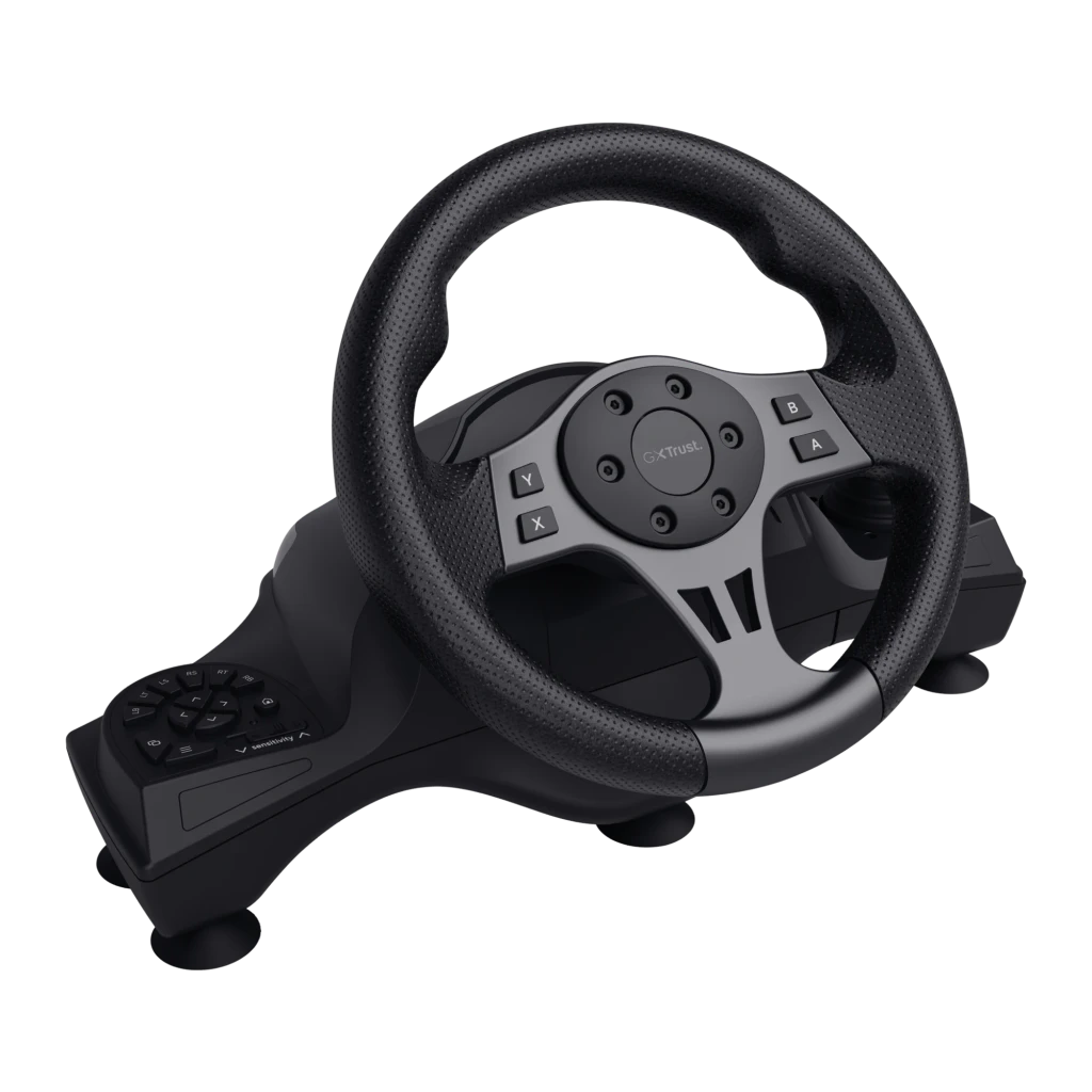 Trust GXT 289 Movi Negro, vista en perspectiva: volante, pedales y palanca de cambios en conjunto - Ítem1