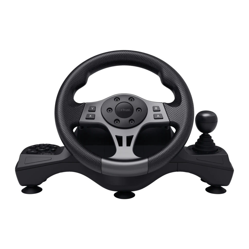 Trust GXT 289 Movi Negro, vista en perspectiva: volante, pedales y palanca de cambios en conjunto - Ítem3