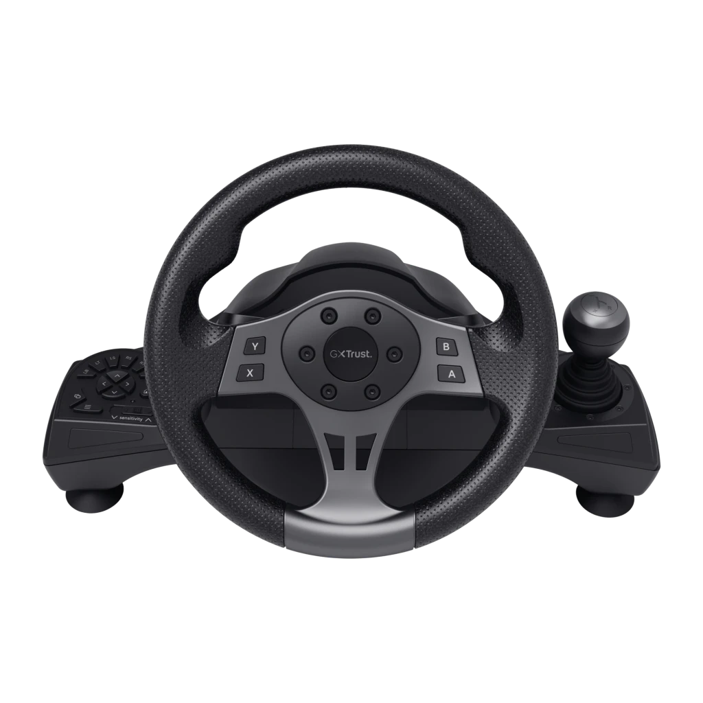 Trust GXT 289 Movi Negro, vista en perspectiva: volante, pedales y palanca de cambios en conjunto - Ítem7
