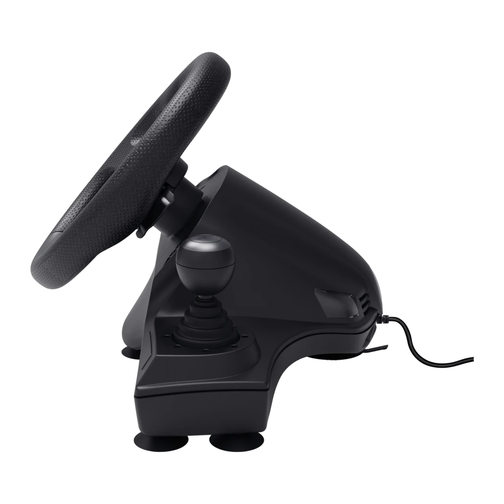 Trust GXT 289 Movi Negro, vista en perspectiva: volante, pedales y palanca de cambios en conjunto - Ítem8