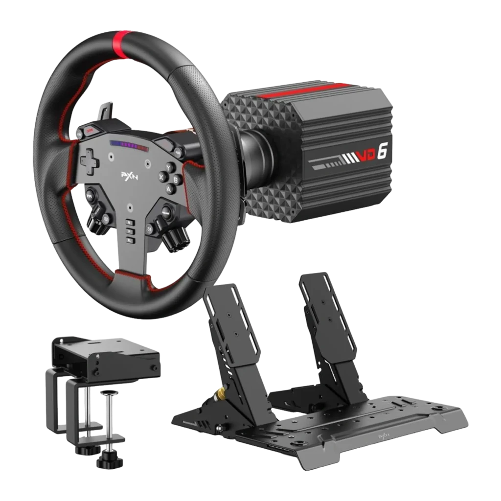 PXN Base Volante Direct Drive VD6 negro, vista isométrica frontal: cuerpo con aletas de refrigeración, franja roja y eje QR - Ítem4