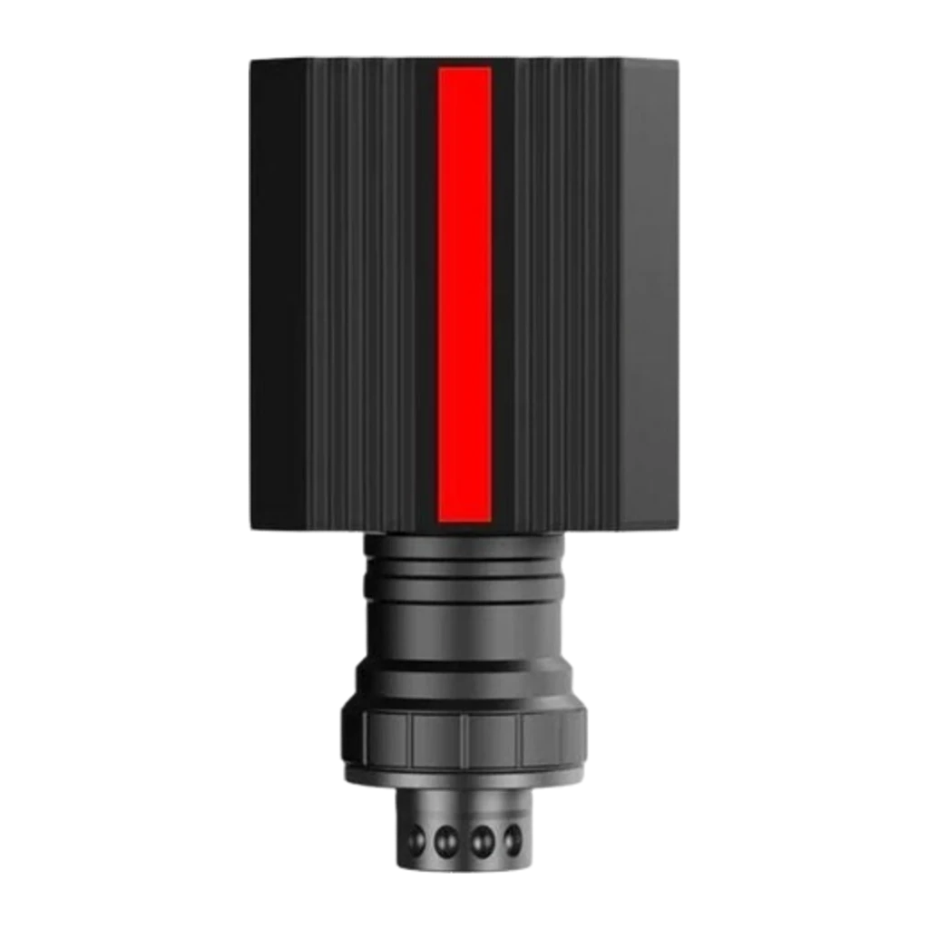 PXN Base Volante Direct Drive VD6 negro, vista isométrica frontal: cuerpo con aletas de refrigeración, franja roja y eje QR - Ítem1