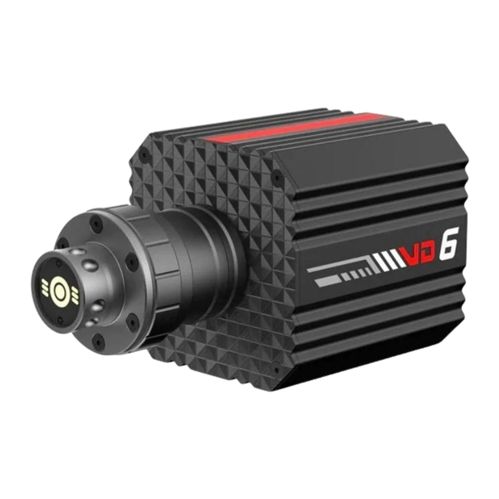 PXN Base Volante Direct Drive VD6 negro, vista isométrica frontal: cuerpo con aletas de refrigeración, franja roja y eje QR - Ítem2