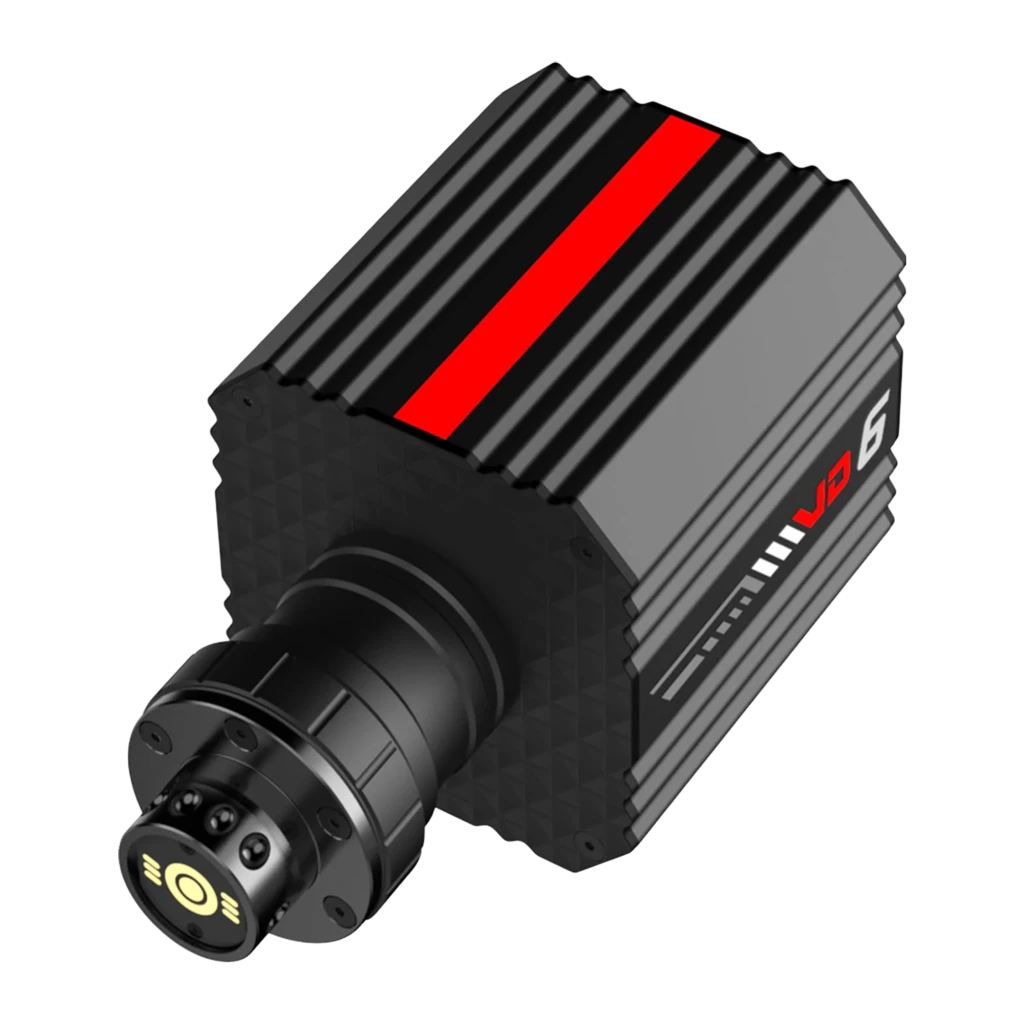 PXN Base Volante Direct Drive VD6 negro, vista isométrica frontal: cuerpo con aletas de refrigeración, franja roja y eje QR - Ítem3
