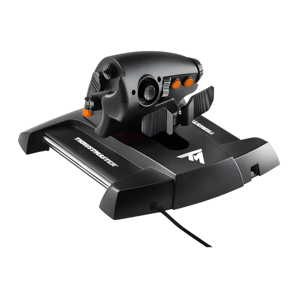 Thrustmaster TWCS Throttle Noir, vue latérale arrière: base avec échelle orange, bouton orange, molettes de réglage et câble - Ítem3
